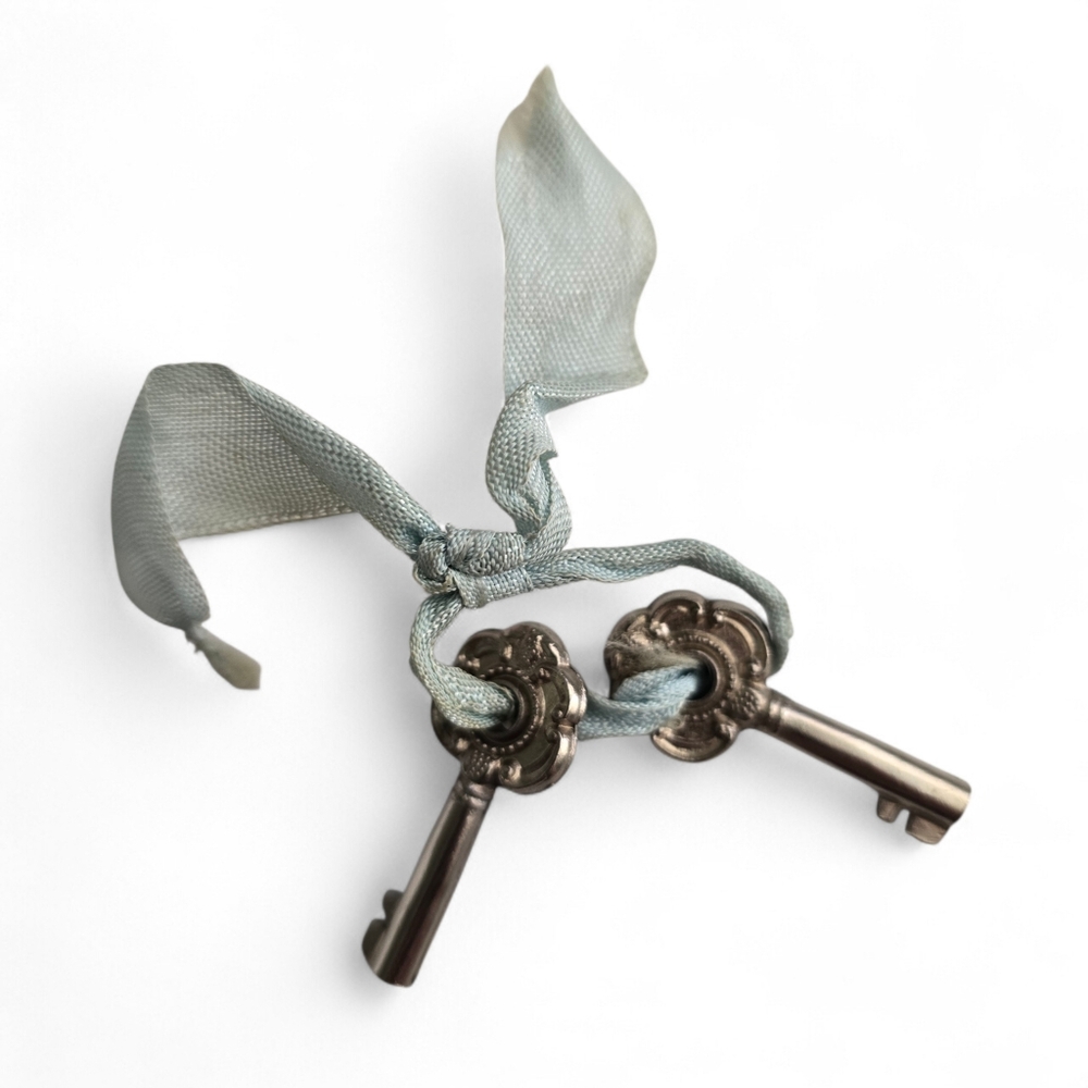 Mini Decorative Skeleton Keys with Blue Ribbon – Set of 2 Fairy Garden / Journal